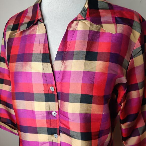 Robbie Bee Plaid Silk Blouse Button Up Pink Fuchsia Gold - Picture 5 of 10